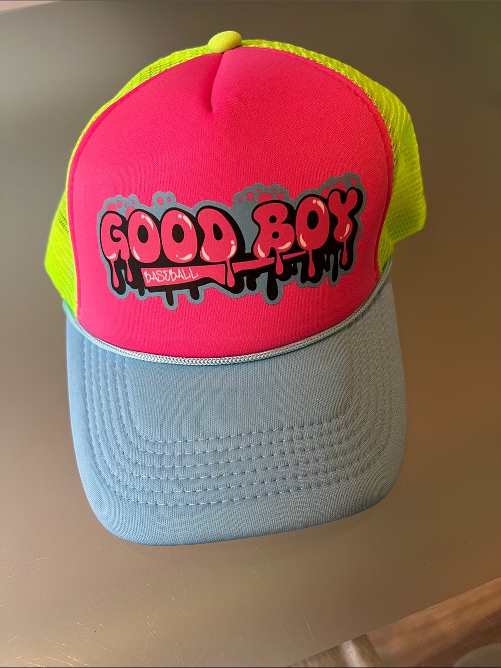 Good Boy Neon Pink & Yellow Trucker Hat with Light Blue Brim